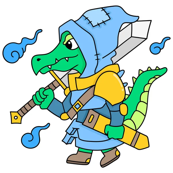 鳄鱼战士拿着一把大剑走在路上准备战斗 涂鸦图标卡瓦伊 — 图库矢量图片