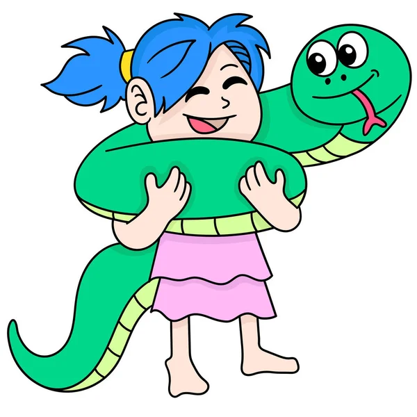 Het Meisje Spelen Met Grote Huisdier Python Doodle Pictogram Afbeelding — Stockvector