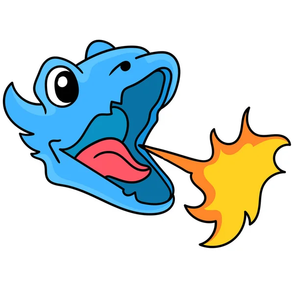 Emoticono Cabeza Dragón Azul Escupiendo Llamas Calientes Doodle Icono Imagen — Vector de stock