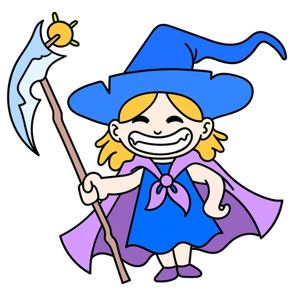Молодая Ведьма Используя Волшебную Палочку Радостно Смеялась Рисуя Иконку Кавайи — стоковый вектор
