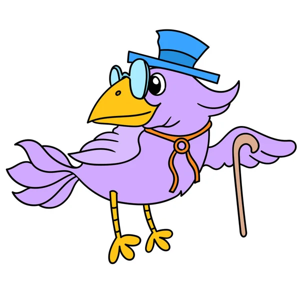 头戴帽子 头戴棒子的深紫色鸟 涂鸦图标Kawaii — 图库矢量图片