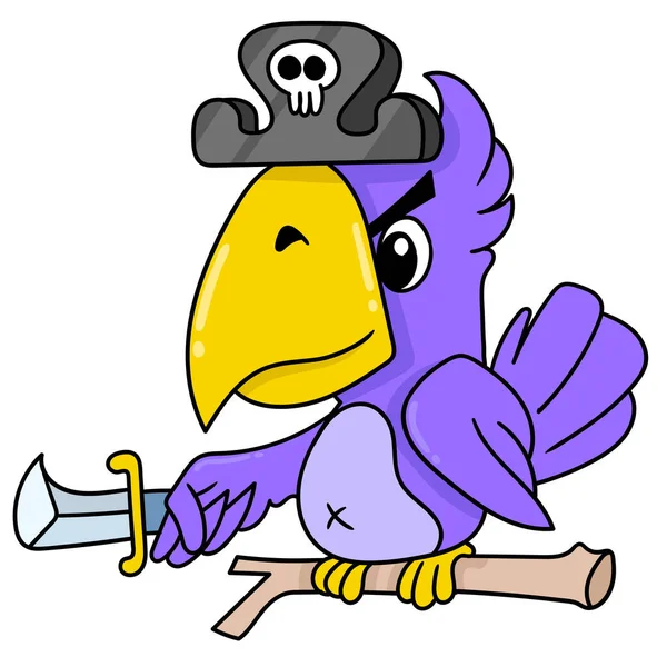 Fialový Opeřený Papoušek Pirátském Kostýmu Kresba Ikonu Kawaii — Stockový vektor