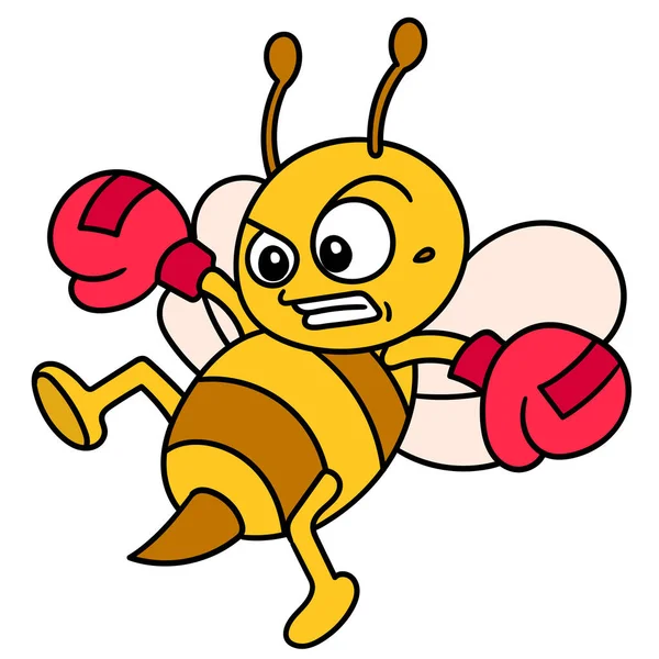 Emoticon Bee Wearing Boxing Gloves Practicing Kicking While Flying Doodle — Stock Vector