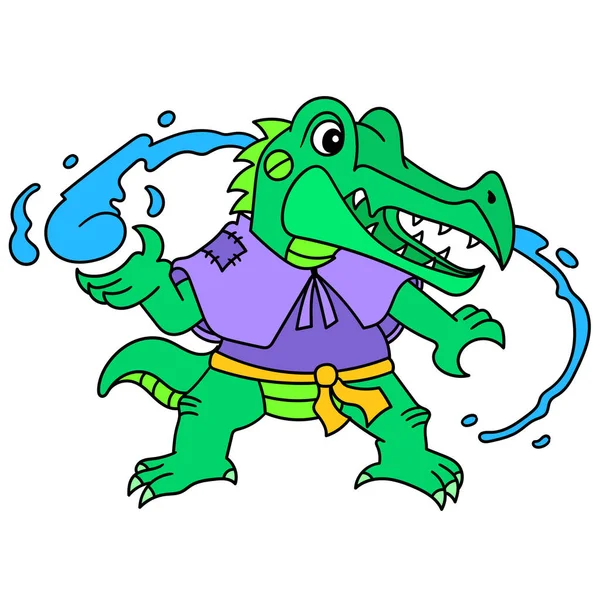 Crocodile Alligator Emoticon Has Power Water Controlling Avatar Doodle Icon — Stock Vector
