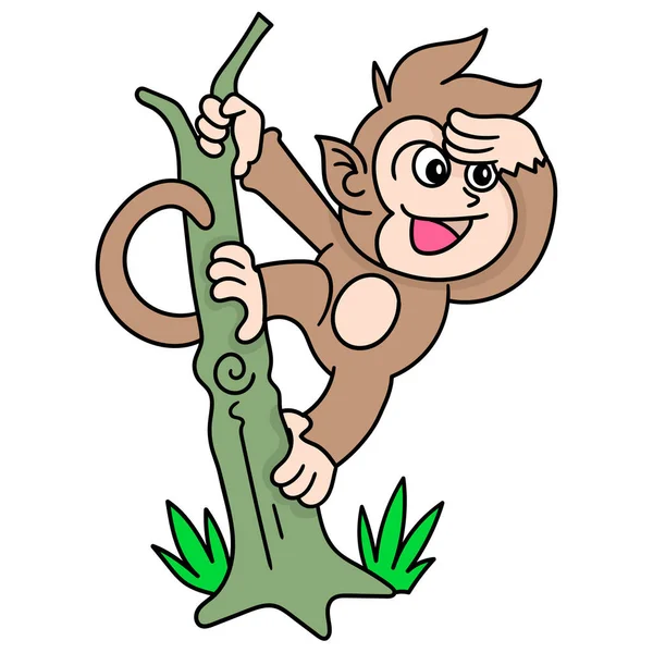 Macaco Jogando Pendurado Uma Árvore Doodle Ícone Imagem Kawaii — Vetor de Stock