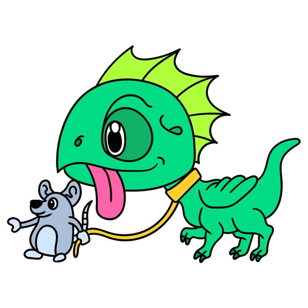 Ratón Caminando Con Mascota Dinosaurio Doodle Icono Imagen Kawaii — Archivo Imágenes Vectoriales