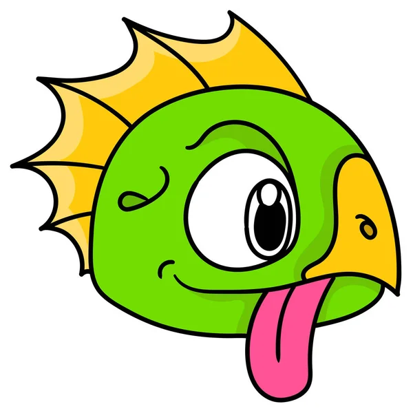 Camaleón Cabeza Emoticono Con Cara Linda Que Sobresale Lengua Doodle — Vector de stock