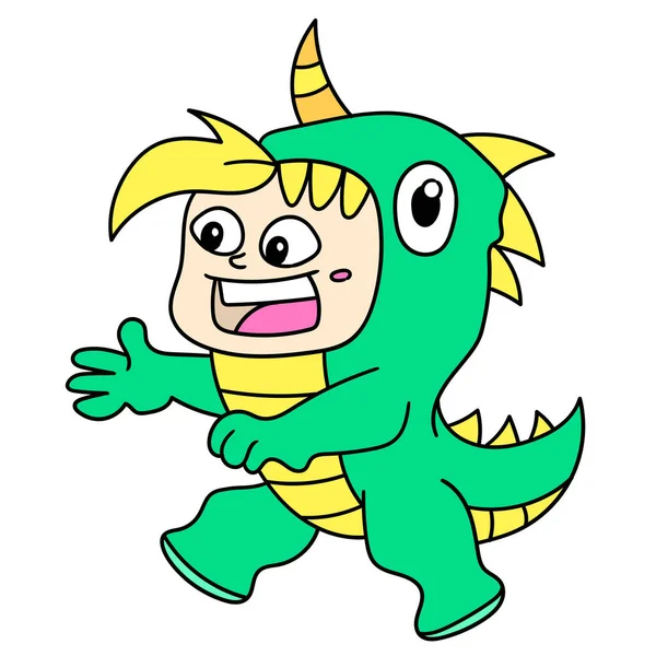 Children Wearing Dinosaur Costumes Halloween Doodle Icon Image Kawaii — Stockový vektor