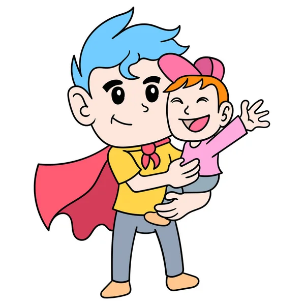 Een Vader Een Superheld Kostuum Zijn Kind Gelukkig Maken Doodle — Stockvector