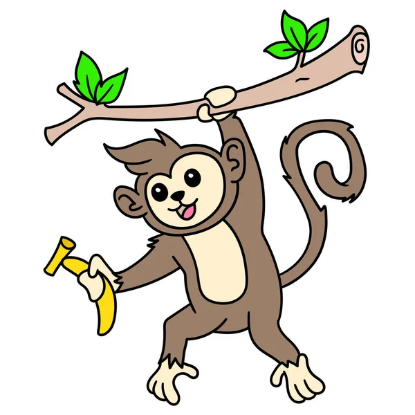 Bir Ağaç Gövdesinden Sarkan Muz Tutan Maymun Kafası Simgesi Karalama — Stok Vektör
