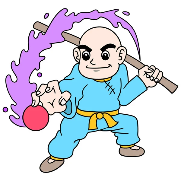 Shaolin Plešatý Chlapec Shromažďuje Energii Útoku Čmáranice Ikona Obraz Kawaii — Stockový vektor