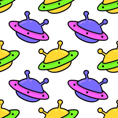 UFO uzaylı uçağı kusursuz tekstil izi. tekrarlanan kalıp arkaplan tasarımı