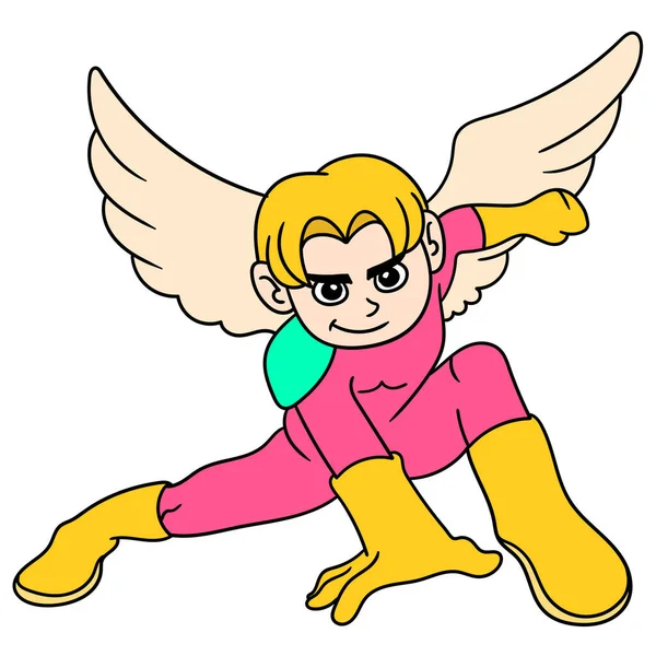 Gevleugelde Knappe Mannelijke Superheld Met Superkrachten Doodle Icoon Afbeelding Kawaii — Stockvector