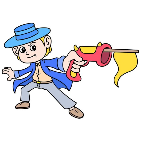 Cowboy Dragen Pistool Met Munt Schot Doodle Pictogram Afbeelding Kawaii — Stockvector