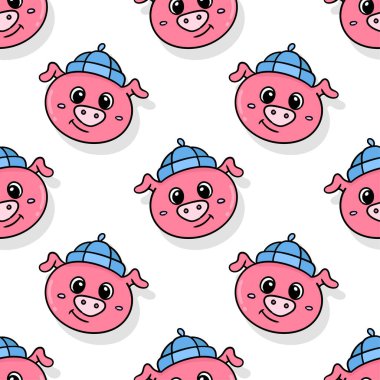Gülümseyen pembe domuz kafası kusursuz tekstil izi. tekrarlanan kalıp arkaplan tasarımı