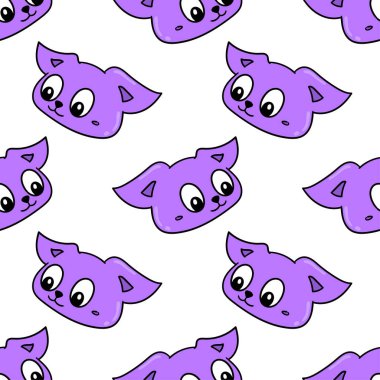 Mor kedilerin başları pürüzsüz tekstil izleri. tekrarlanan kalıp arkaplan tasarımı