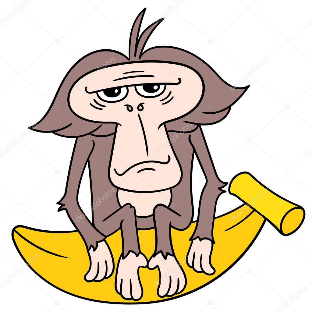 an innocent faced old monkey sitting gloomily on a large banana, doodle icon image kawaii