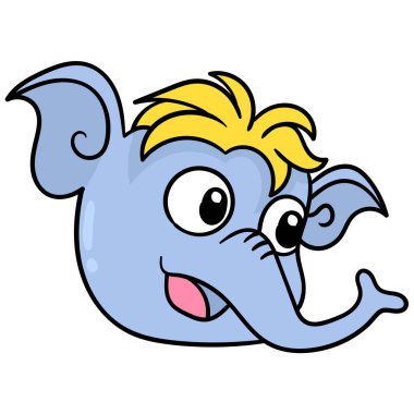 Sarı saçlı, mutlu gülümseyen şirin bir filin kafası. Karton simge. karalama simgesi çizimi