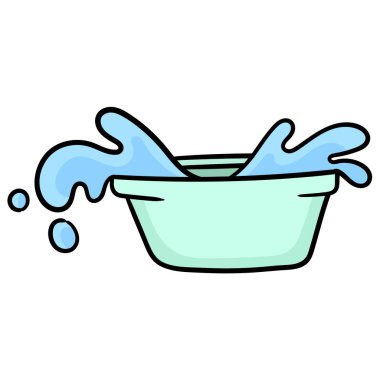 Dökülmüş suyla dolu bir leğen. Karton simge. karalama simgesi çizimi