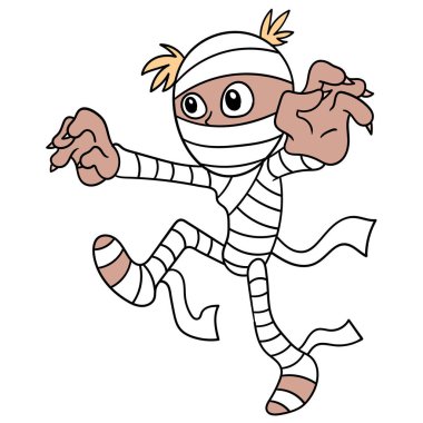 Ölümsüz mumyalanmış. Vücudunun her yerinde bandajlar, karalama ikonu imajı Kawaii ile korkunç yürüyor.