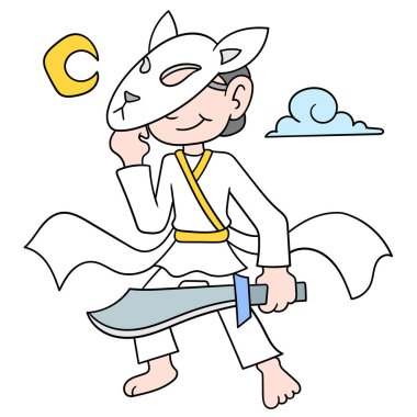 Gecenin bir yarısı elinde kılıçla bir tetikçi saldırmaya hazır bir maske takıyor, karalama ikonu resmi Kawaii