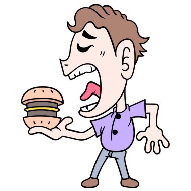 Bir adam büyük bir hamburger yemek ister, ikon imajı çizmek, kawaii