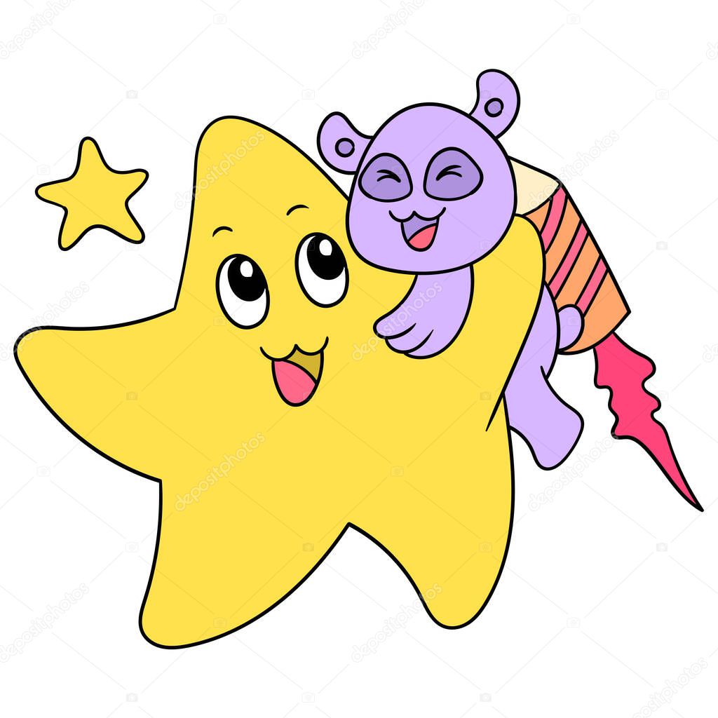 The bear flies in a rocket and meets a hug with a star in the sky, doodle icon image kawaii