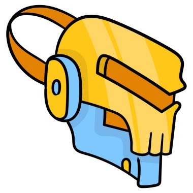 Ürkütücü yüzlü sofistike bir robotun kafası. Karton simge. karalama simgesi çizimi