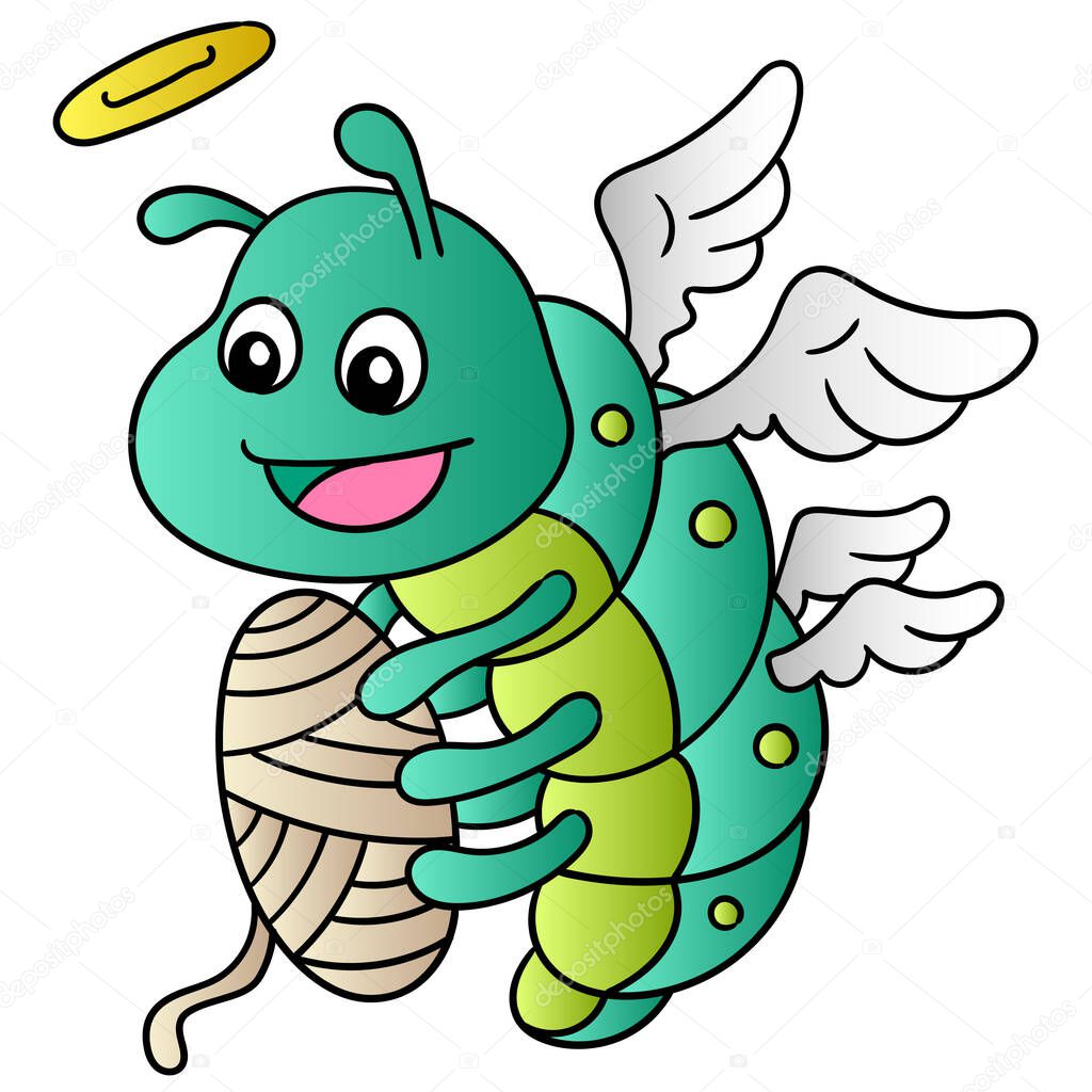 Flying silkworms wearing smiling faced wings were spinning threads, doodle icon image kawaii