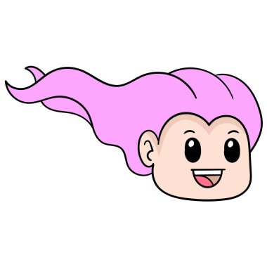 Gevşek saçlı ve mutlu yüzlü güzel bir kadının kafası. karalama simgesi çizimi