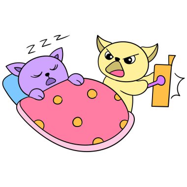 Kedi, Sahur için arkadaşını gecenin bir yarısı uyandırıyor. karalama simgesi resmi kawaii.