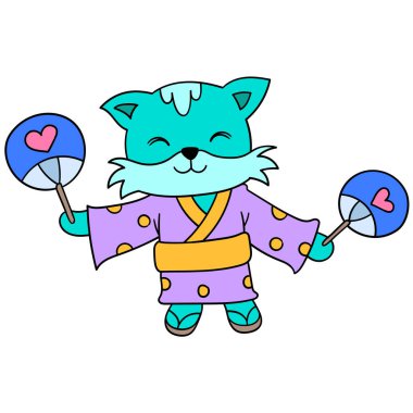 Geleneksel Japon kıyafetleri içinde kimono giymiş sevimli kediler festivali kutluyor. karalama simgesi resmi kawaii.