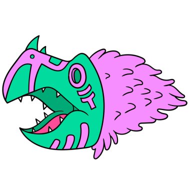 Geleneksel bir maske takan ürkütücü suratlı bir canavarın kafası. karalama simgesi çizimi