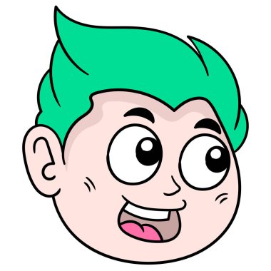 green haired boy head with a smiling face. doodle icon drawing