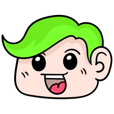 Yeşil saçlı, gülümseyen çocuk kafası. karalama simgesi çizimi