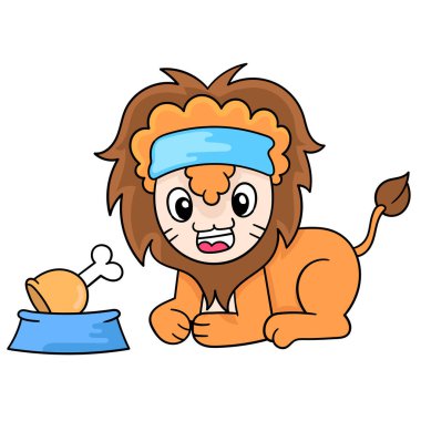 Dost canlısı bir yüzü olan kalın saçlı erkek aslan bir et yemeğinin önünde oturuyordu. karalama simgesi resmi kawaii