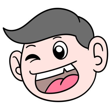 siyah saçlı yakışıklı çocuk kafası ve mutlu bir gülümsemesi var. karalama simgesi çizimi