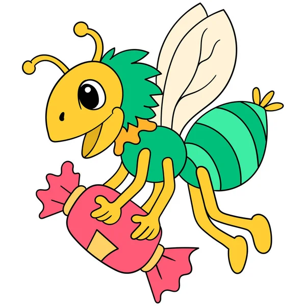 음식을 좋아하는 곤충들은 날아간다 Doodle Icon Image Kawaii — 스톡 벡터