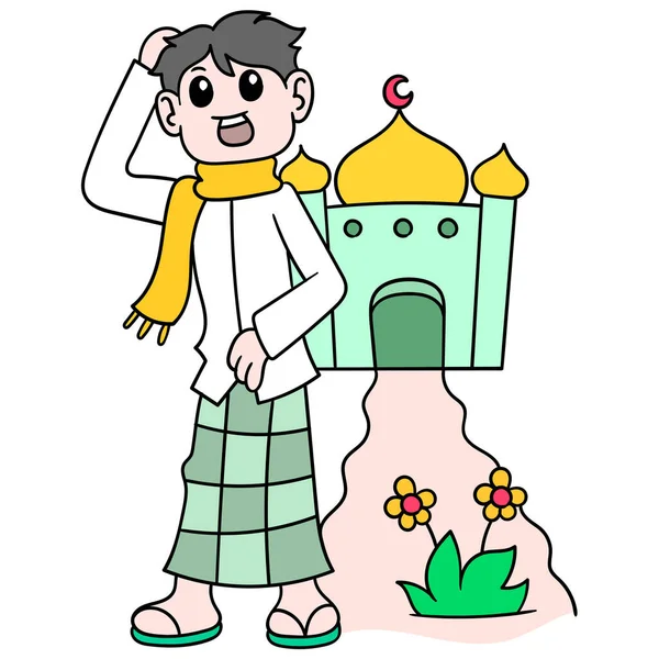 Homens Muçulmanos Caminham Para Casa Mesquita Para Adorar Doodle Ícone —  Vetores de Stock
