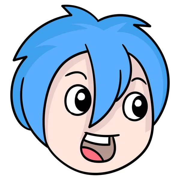 Kurze Blauhaarige Mädchenkopf Mit Einem Überraschten Gesicht Doodle Symbolzeichnung — Stockvektor