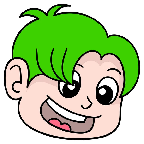Голова Красивого Зеленого Волосистого Чоловіка Посміхнулася Щасливо Малюнок Значка Каракулі — стоковий вектор