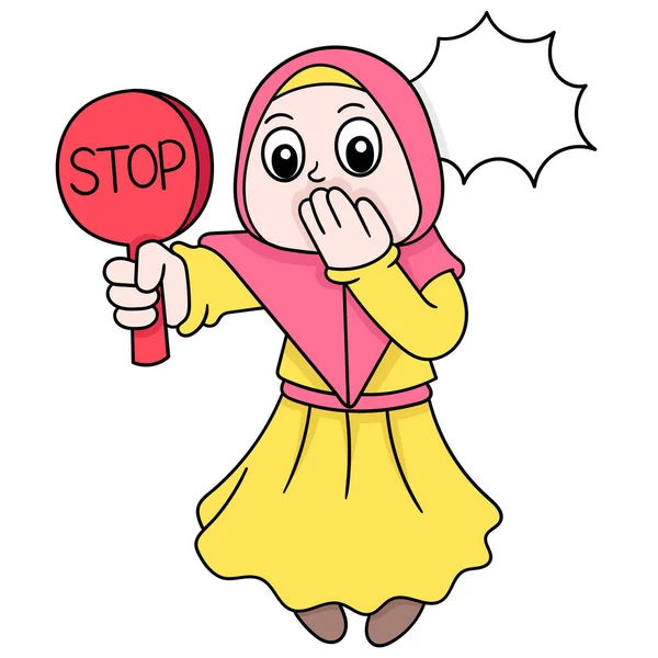 Beautiful Women Wearing Muslim Hijabs Carrying Stop Signs Doodle Icon — Stock Vector