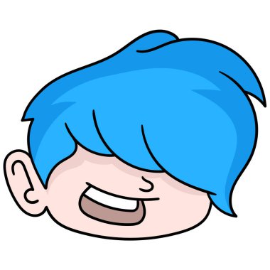 Mavi saçlı ve uzun saçlı çocuk mutlu bir şekilde gülümsüyordu, karalama ikonu çiziyordu.