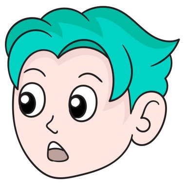 Mavi saçlı, ağzı açık bir adamın kafası. Şaşırmış, karalama ikonu çiziyor.