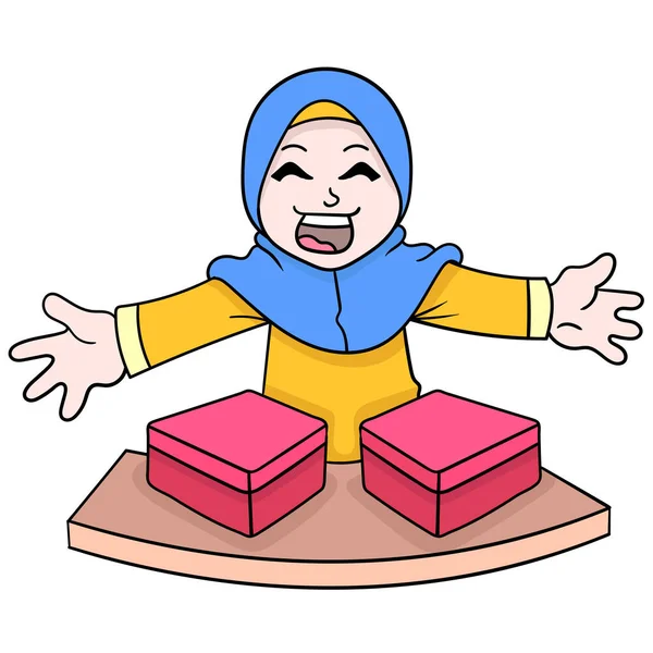 穆斯林头巾女孩乐于向人们分发礼物 涂鸦图标卡瓦伊形象 — 图库矢量图片