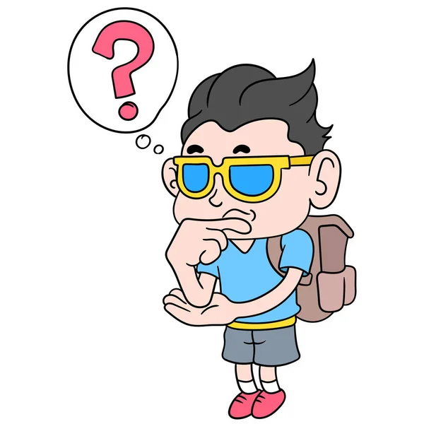 Nerdy Boy Está Pensando Problema Escuela Doodle Icono Imagen Kawaii — Vector de stock