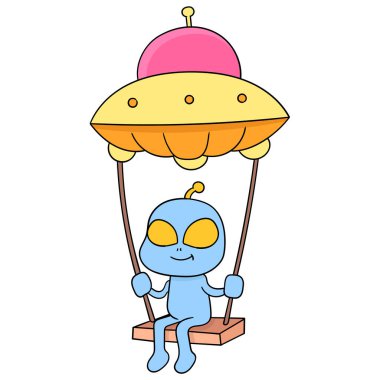 Şirin uzaylı yaratık UFO ile salıncak oynuyor, karalama simgesi Kawaii