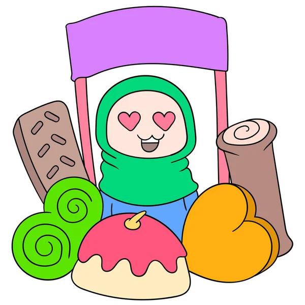 Muszlim Hidzsáb Lányok Boldogok Iftar Kajájukkal Firka Ikonjával Kawaiival — Stock Vector