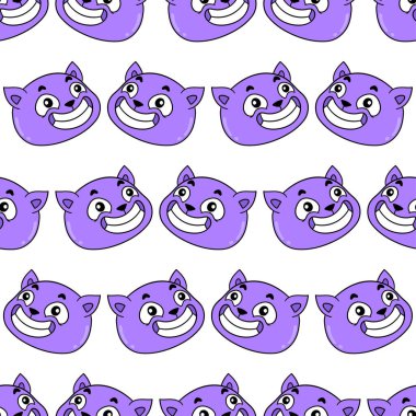 Mor tebessüm kedisi kusursuz tekstil izi. tekrarlanan kalıp arkaplan tasarımı