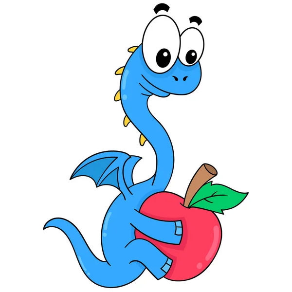 Modrý Dinosaurus Objímající Červené Jablko Obrázek Ikony Kawaii — Stockový vektor